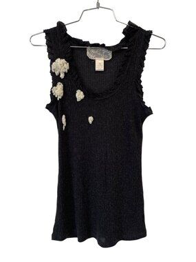 Nick & Mo Tank Top Medium Sleeveless Scoop Neck Ruffled Trim Acrylic Black Knit